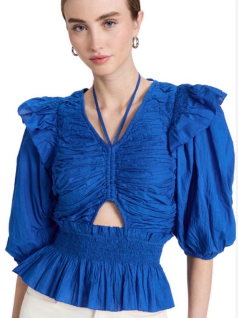 Sea Royal Blue Ruched Puff-Sleeve Peplum Top